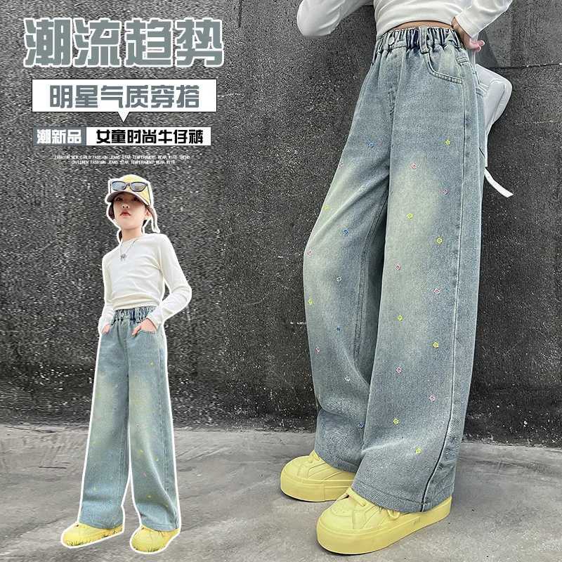 Teenage girls wide leg jeans Spring and Autumn fashion childrens casual embryo denim pants School young children straight bag TrousersT2502320