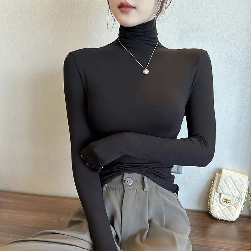 Wxw3624 long sleeved womens solid color turtle neck T-shirt with ultra-thin Korean black and white gray brown T-shirt pattern for women 250314