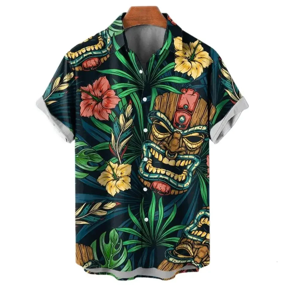 Mens sailboat skull print shirt Hawaii fashion casual rock print plus size top beach mens clothing 250318