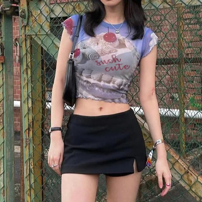 EVNISI Sexy Crop Tops T-shirts Women sweet Printed Ins Top Fashion Y2k Summer Slim Harajuku Streetwear Lady Chic Tees 250320
