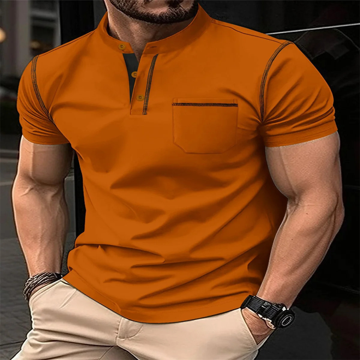 Summer Mens Fashion Outdoor Sports Casual Style Solid Color Stand Collar Patchwork Pocket Loose Short Sleeve POLO Shirt 250319