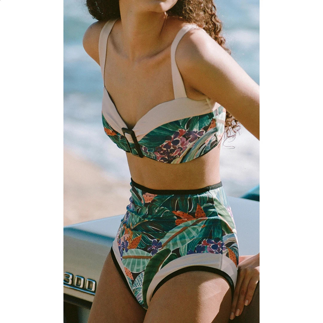 Sexy floral bikini high waisted swimsuit womens push up 2025 retro Biquini twopiece beach suit Fe 250319