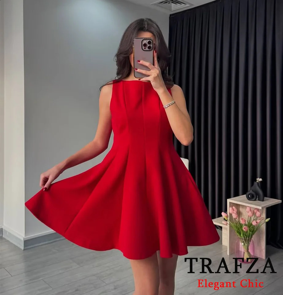 TRAFZA Women Elegant Pleated Dress Sleeveless Slim Short Red White 2025 Summer Fashion Holidays Party Black 250319