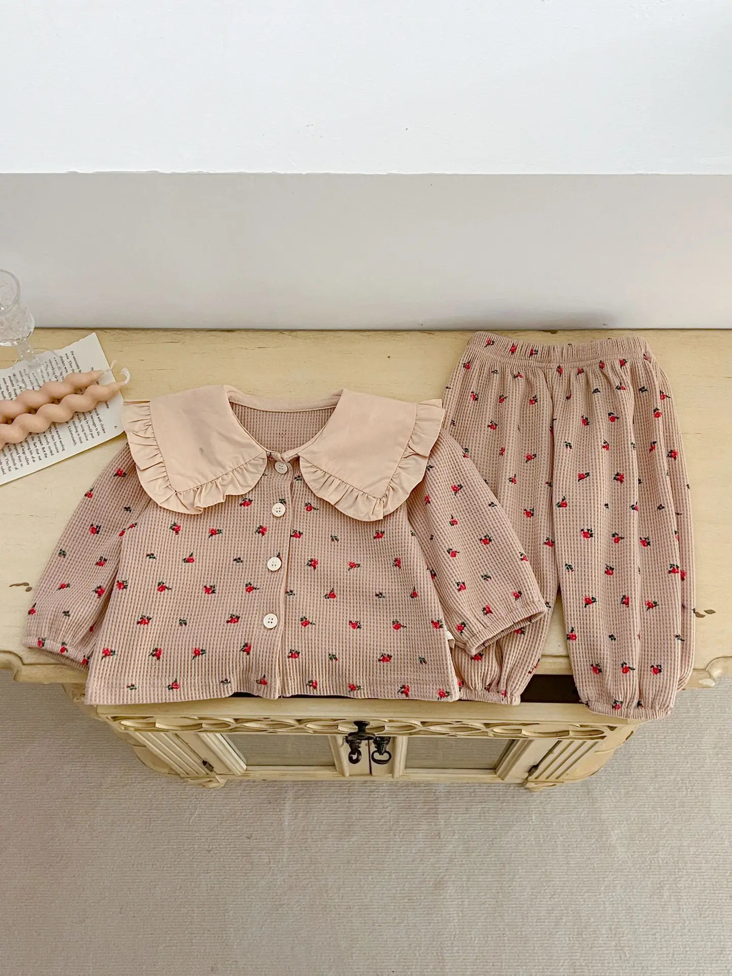 Spring Baby Girl Infant Korean Style Suit Printed Lapel Cute Floral Home Clothes Twopiece Set 250319