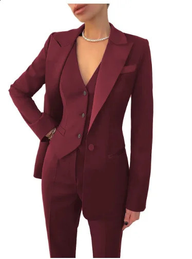 Black womens suit jacket vest pants 3 pieces suitable for office work slim and Burgundy set formal wedding attire 250319