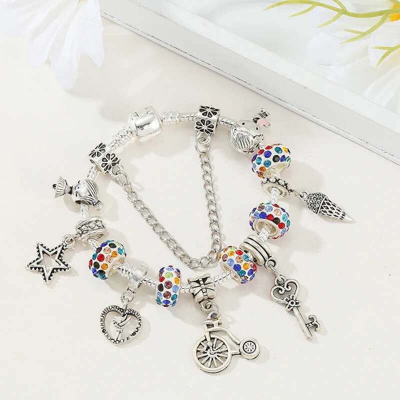 2024 Trendy Crystal Colorful Beads Charm Bracelet With Star Heart Key Bike Pendant For Women Kids Female Fashion Jewelry Gift