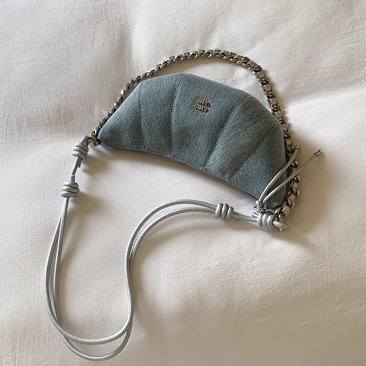 Zurich Street Corner Crescent Bag, Niche Denim Blue Shoulder Crossbody Bag, Women's Horn Bag