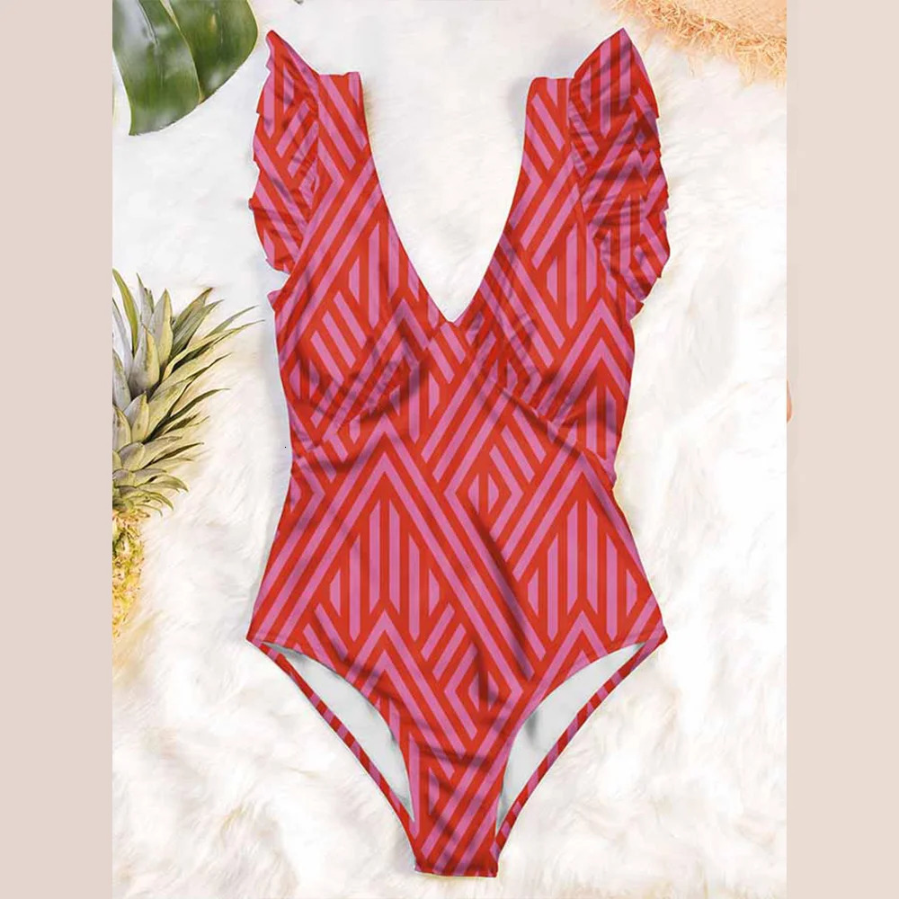 Deep V Open Ruffle Integrated Swimsuit Fashion Color Printed Bikini Ultra Thin High Waist Seamless Stickers w250313