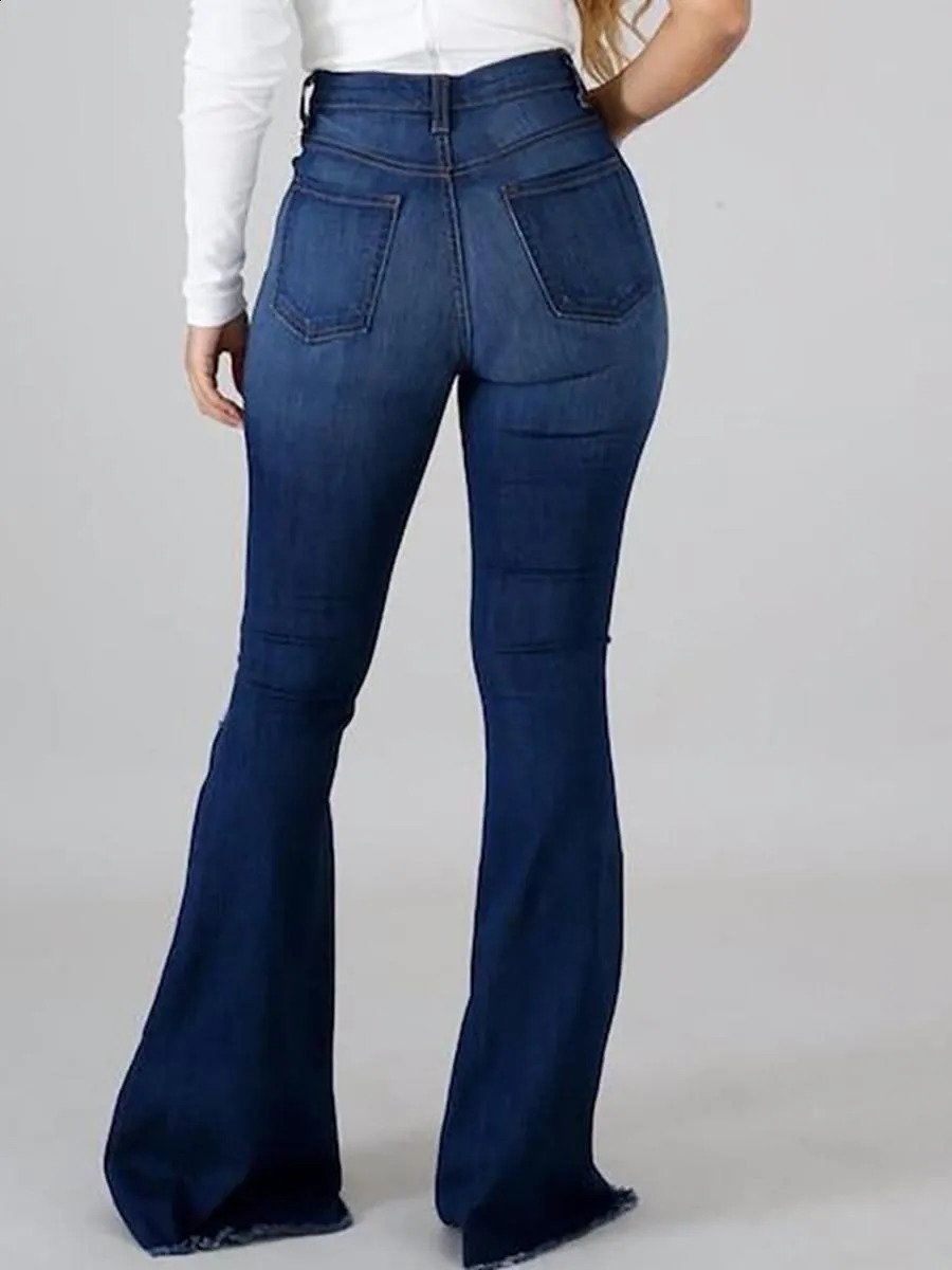 LW Plus Size High Stretchy Ripped Flared Jeans Zipper Fly Floor Length Casual Solid Color Daily Fashion Street Pants 250319