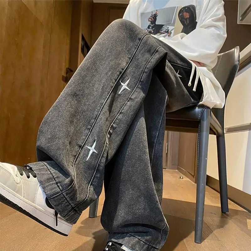 2024 American retro male and female trend star shaped graphic design straight leg jeans loose hip-hop wide leg casual pants Y2KT250319