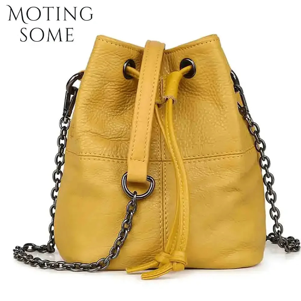 Motingsome Samll Womens Bucket Bag 100% Natural Leather Handbag Chain Shoulder Wallet Womens Mini Bag Yellow 250317