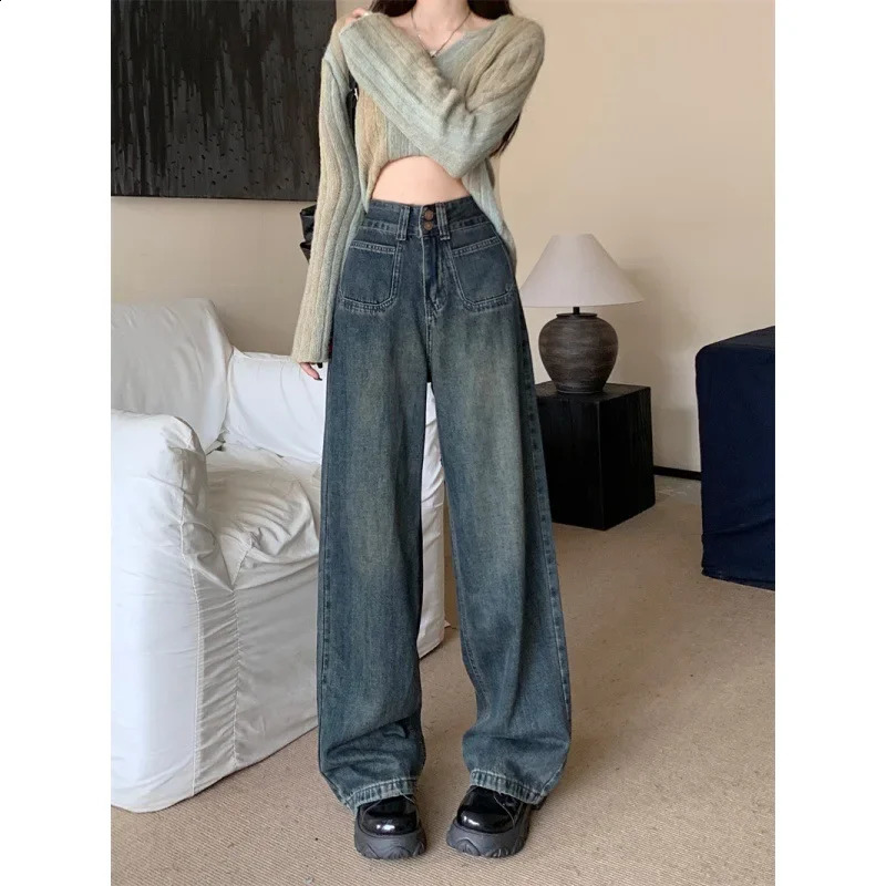 Autumn Plus Size Straight-Leg Jeans High-Waisted Draped Loose-Fit Bell Bottoms Casual Style For Plump Women 250319