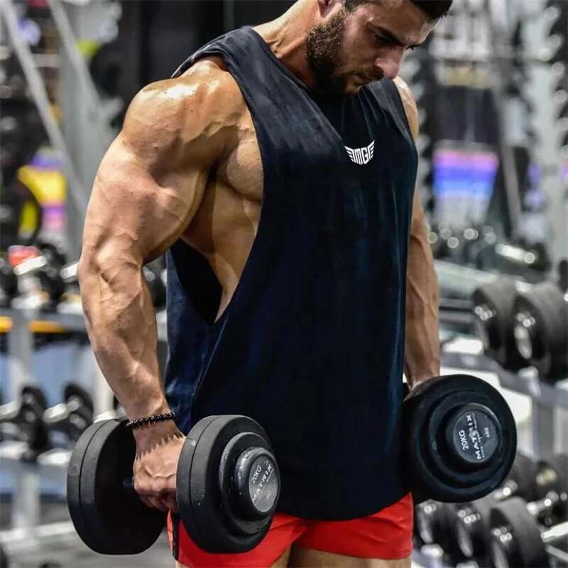 Men's bodybuilding vest, sleeveless sports shirt, fitness vest, armor hole, solid top, cotton T-shirt, gymnastics singles