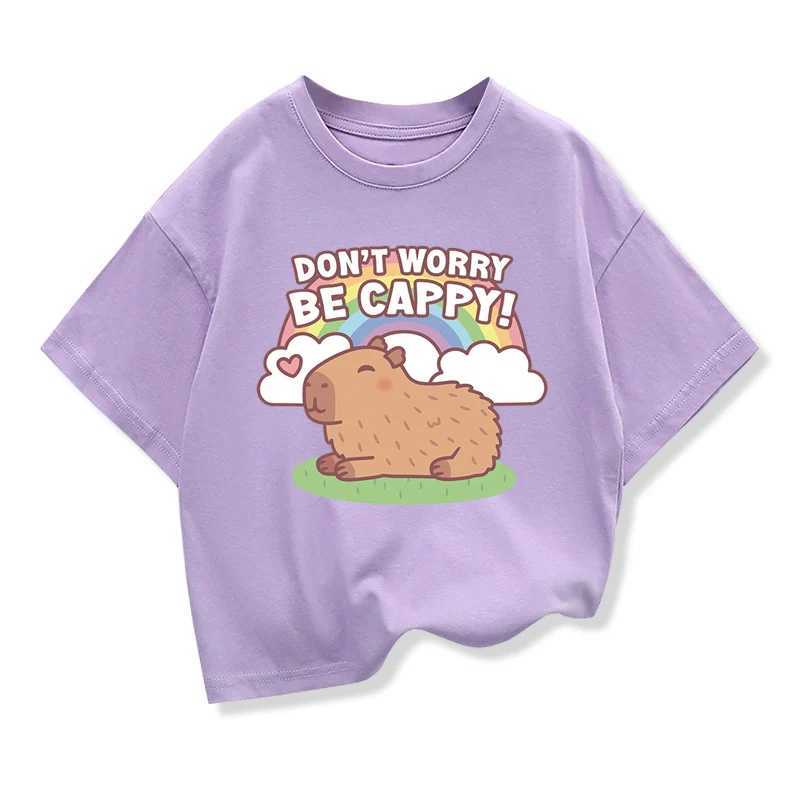 Girls cotton T-shirt Capybara childrens clothing T-shirt summer printed cartoon short sleeved T-shirt childrens basic loose O-neck topT250320