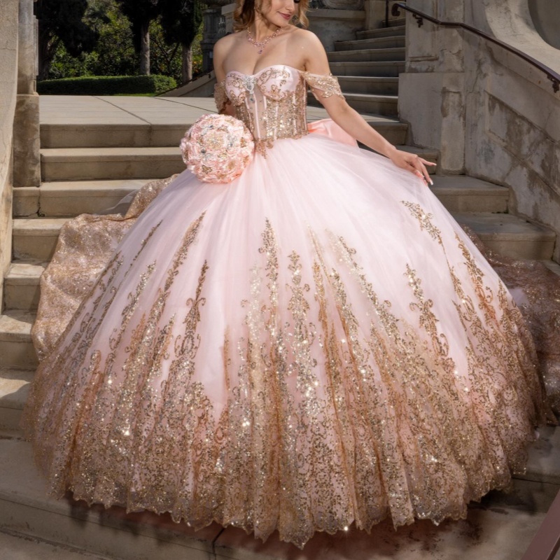 Luxury Pink Shiny Sweetheart Quinceanera Dresses Off The Shoulder Sequin Applique Lace Beads Tulle Vestidos De 15 Anos Sweet 16 Dress