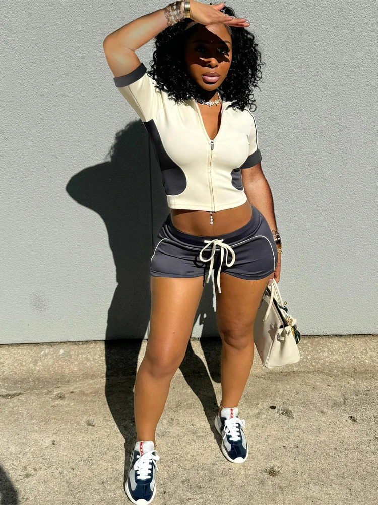 Womens summer streetwear set with dual tone ultrathin sports short sleeved panel zipper top casual 2piece 250320