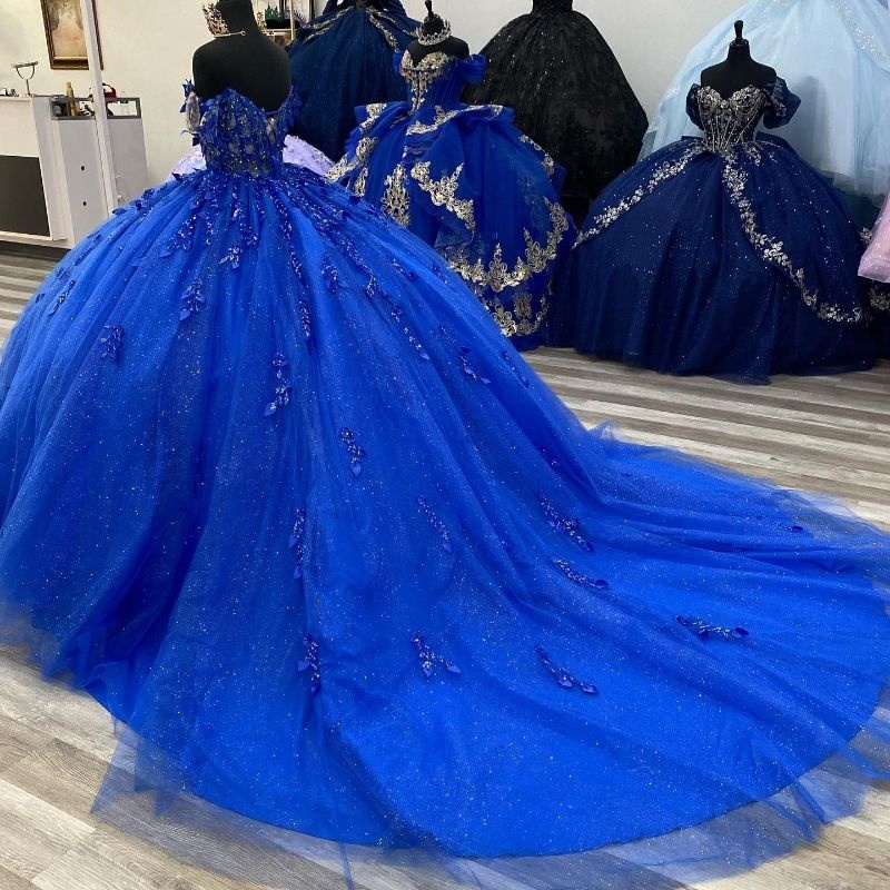Royal Blue Shiny Quinceanera Dresses Ball Gown Off the Shoulder Lace Applique Beads Tull Corset Sweet 16 Dress Vestidos De 15 Anos