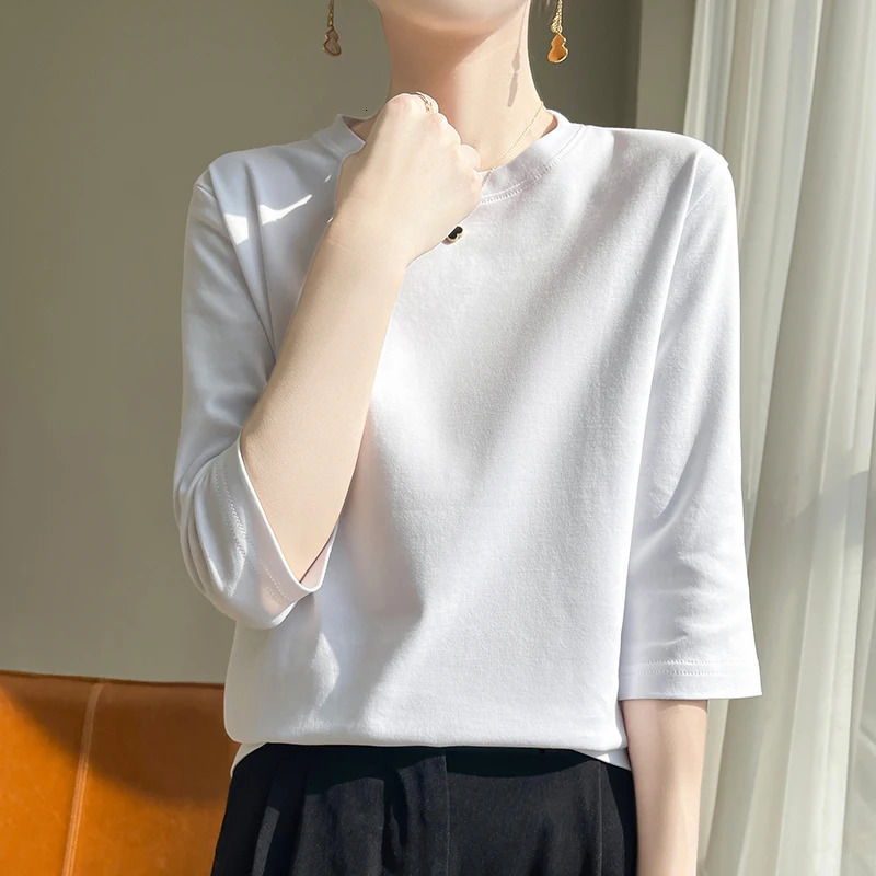 Spring And Summer White Mercerized Cotton Short Sleeve T-Shirt Feminine Joker Cotton Cropped Sleeve Bottoming Shirt 250320