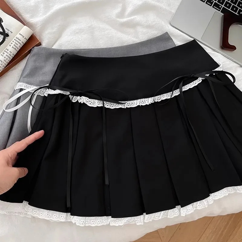 Pure Desire Aesthetic Lace Mini Dress High-Waisted Summer Skirt For Women With Ruffles And Bow A- Line n 250320