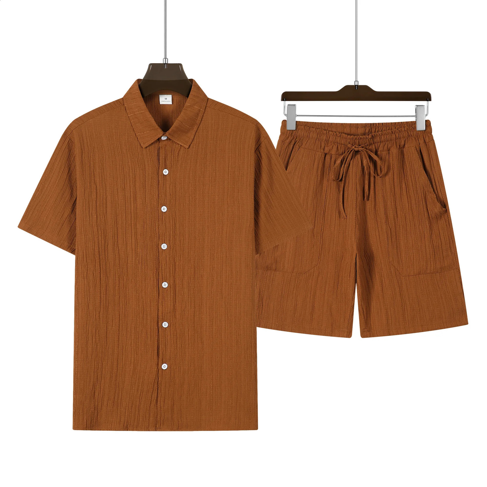 Mens shirt suit solid color striped short-sleeved casual shirt oversized beach shorts summer street wear 250319