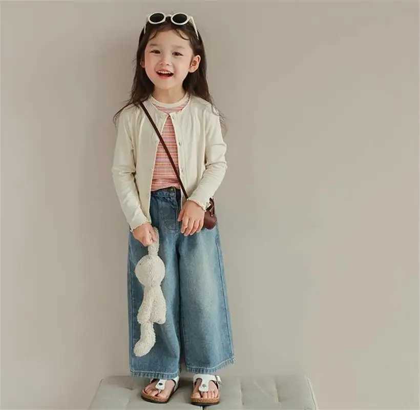 Interesting Bear Girl Clothing Childrens Clothing Summer Bag Multi Pocket Elastic Waist Jeans Wide Leg PantsT250326
