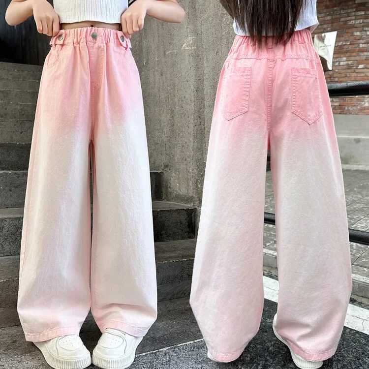 New Spring Childrens Girls Pink Gradient Pants Childrens Fashion Candy Colors Street Trouser Youth Straight Matching Cotton Sports PantsT250326