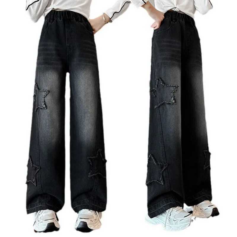 Teenage girl retro high waist wide leg straight jeans with star pattern suitable for children baby new shoulder strap jeans girl TrouserT250326