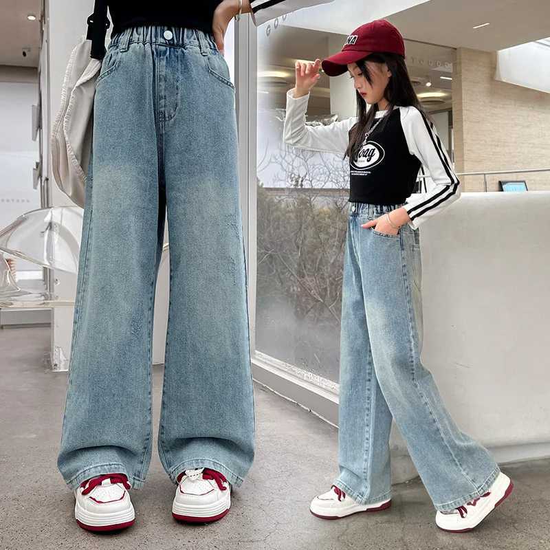 Girls denim wide leg pants for spring and summer 2024 loose Korean version childrens jeans casual straight leg pants 120-170cmT2502320