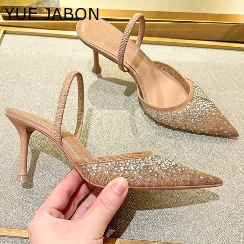 Nude Summer Womens Sandals Rhinestone Bright Mesh High Heels Footwear Elegant Slingback Pointed Slip on Party Lady Pumps ShoesC250319