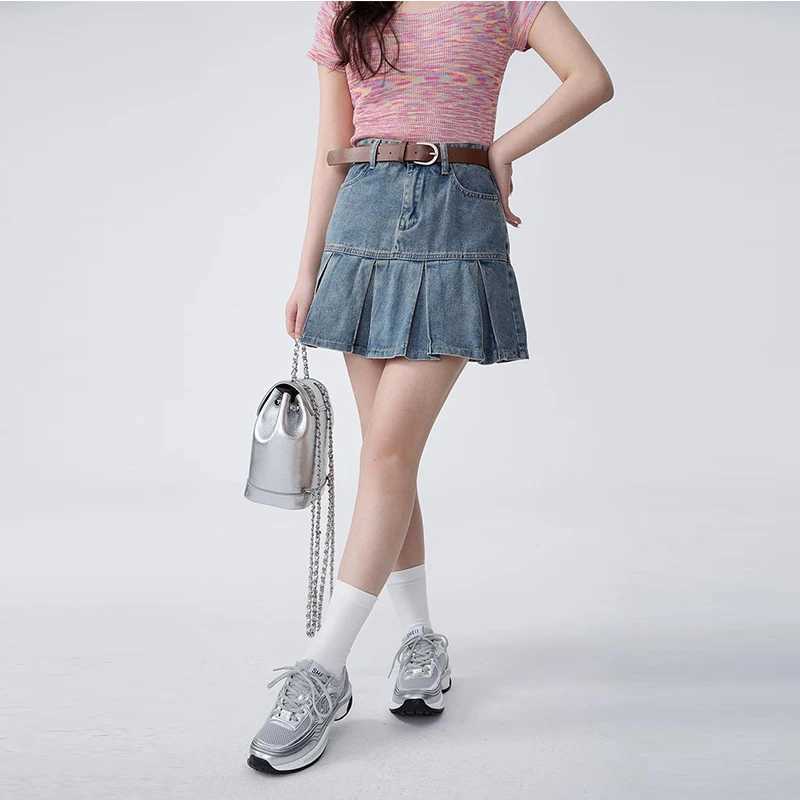 Womens Short Folded Skiing 2024 Summer New College Style High Waist A-Line Short Denim Leather Fashion Blue Denim LeatherXJ250320