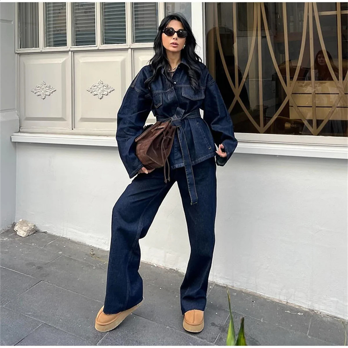 Retro belt denim jacket pants set womens lapel single chest pocket straight jeans 2025 spring streetwear 250319