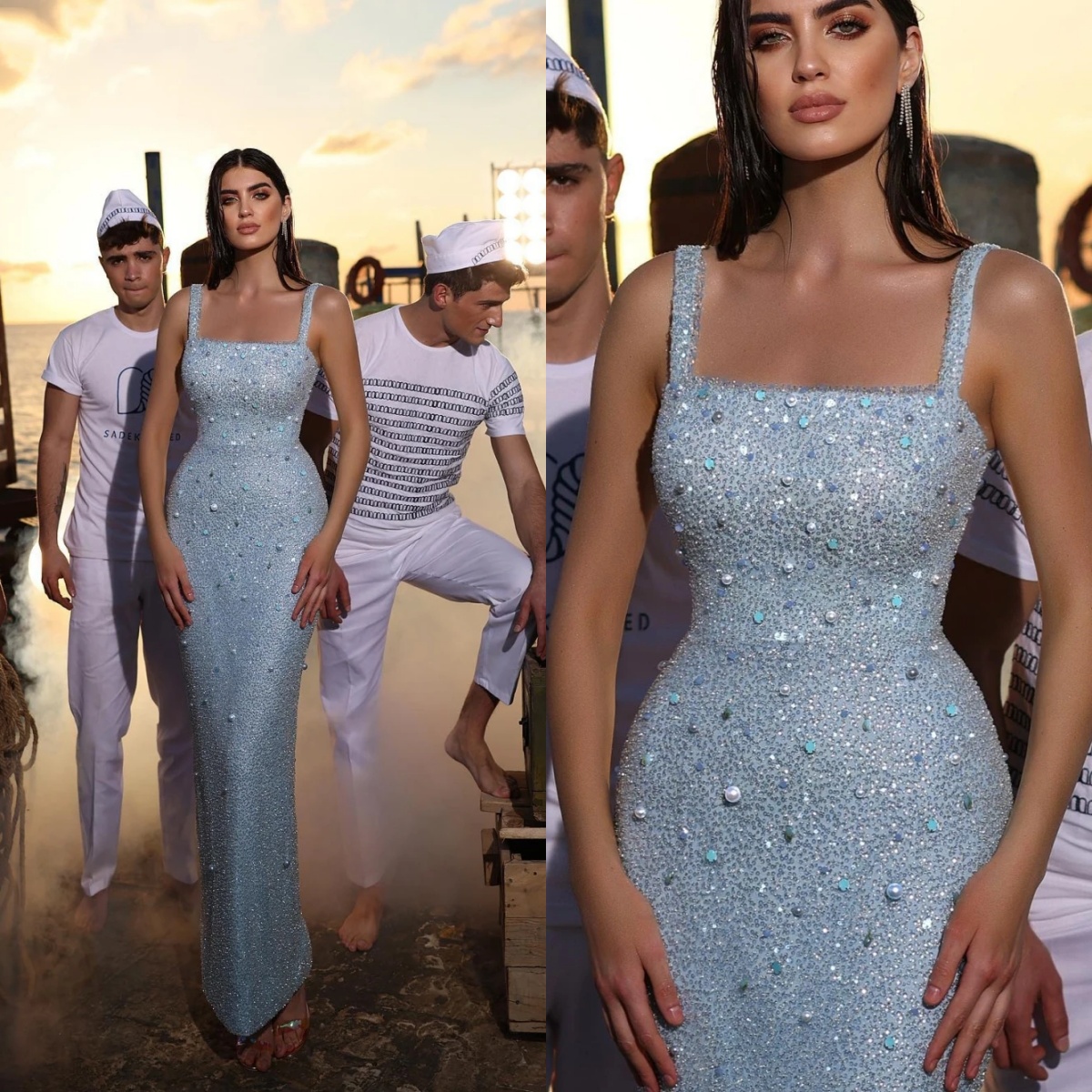 Sparkly Evening Dresses For Women Square Neck Spaghetti Strap Gown Sequins Beaded Sweep Train Party Customized Dress