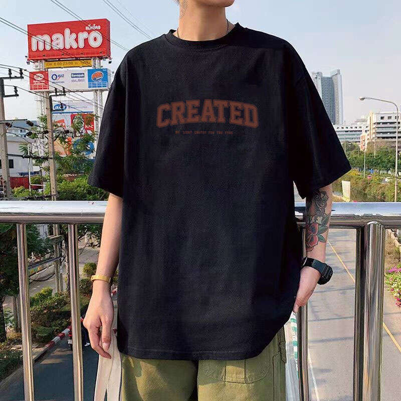 Pure cotton short sleeved T-shirt for men, trendy brand oversized loose round neck T-shirt, printed base shirt batch