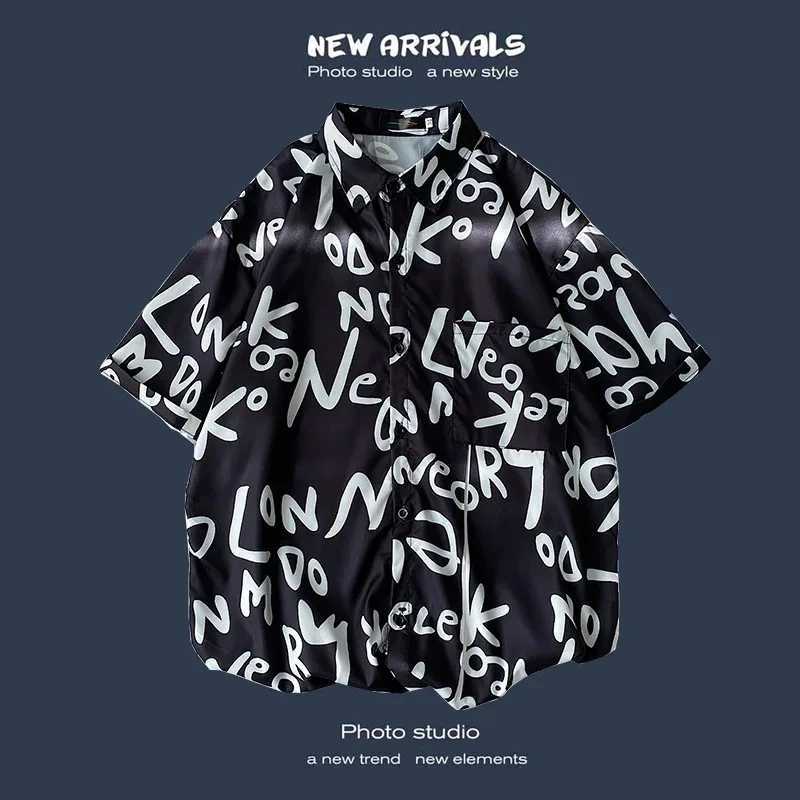 Mens Street Fashion Summer Daily Shirt Hawaiian Cartoon Print Casual Loose Shirts Short Sleeve Beach Loose Tops M250319