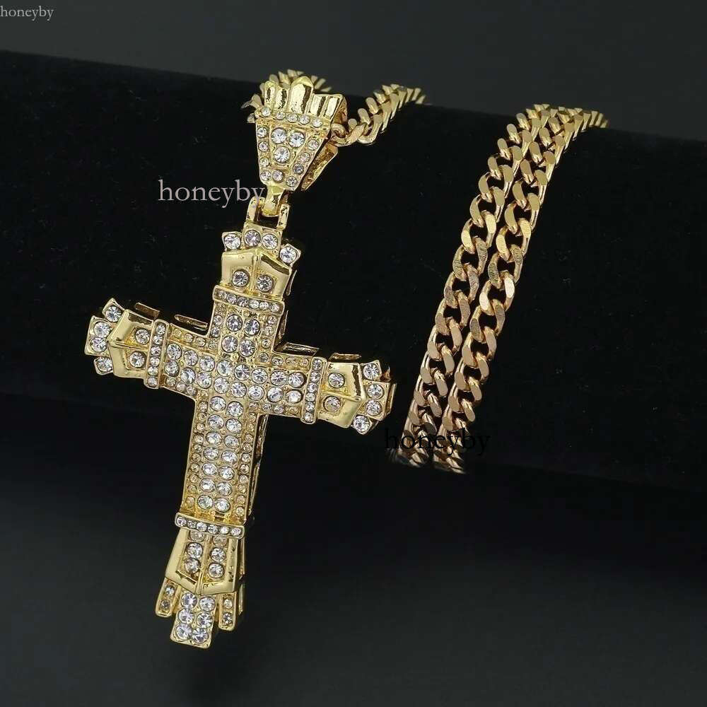 Hip Hop Cross Pendant Religious Charm Gold Sier Full Ice Out Crystal Neckalce Simulated Dias Catholic Crucifix Necklace With Cuban Chain Jewelry