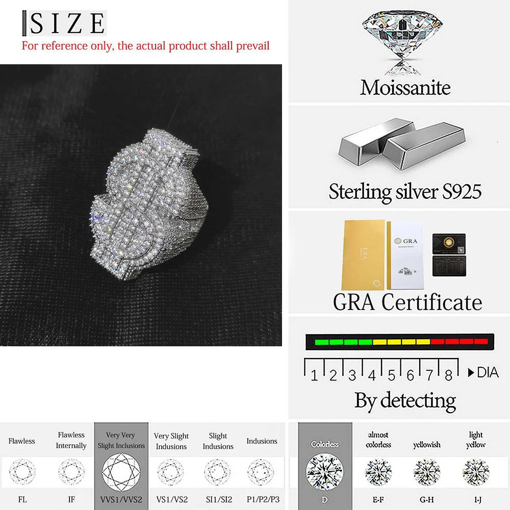 Fashion Mens Ring Full Diamond Pave Hip Hop Iced Out Luxury USD Sterling Silver 925 Rings Vvs Moissanite Diamond Cuban Ring