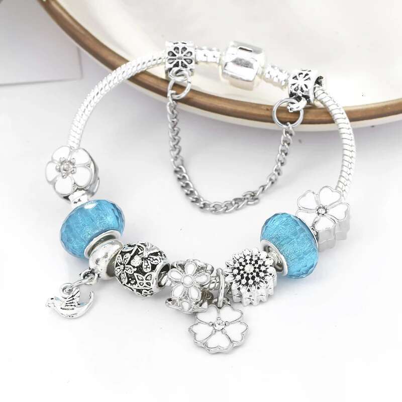 2024 New Flower & Bird Charm Bracelets & Bangle Silver Color Jewelry For Women Fit Crystal Fine Bracelet Jewelry Pulseras