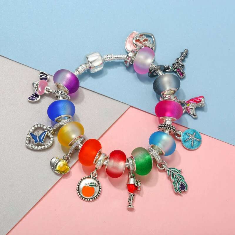 41 Style Silver Plated Snake Chain Charm Bracelets For Women With Colour Bead Pendant DIY Bracelets Fashion Jewelry Dropshipping