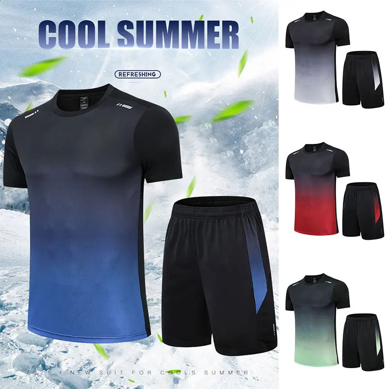 Summer men gradually color fast-drying short-sleeved shorts reflective sports suit teenagers leisure running fitness relaxed set 250319