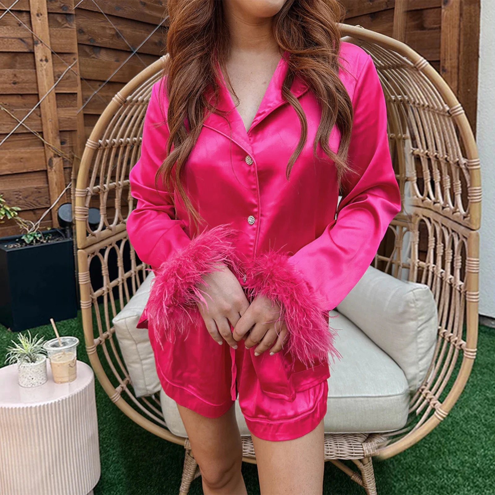 Hirigin Women Bridal Feather Pajama Set Silk Satin Long Sleeve Pjs Shorts Sleepwear Fur Trim Button Down Top Lounge Sets 250319