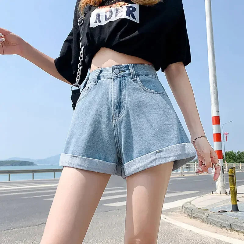 Summer Womens Denim Shorts High Waist Blue Cotton Wide-leg Short Pants s Student Mini Korean Fashion Womens Jean Shorts 250320