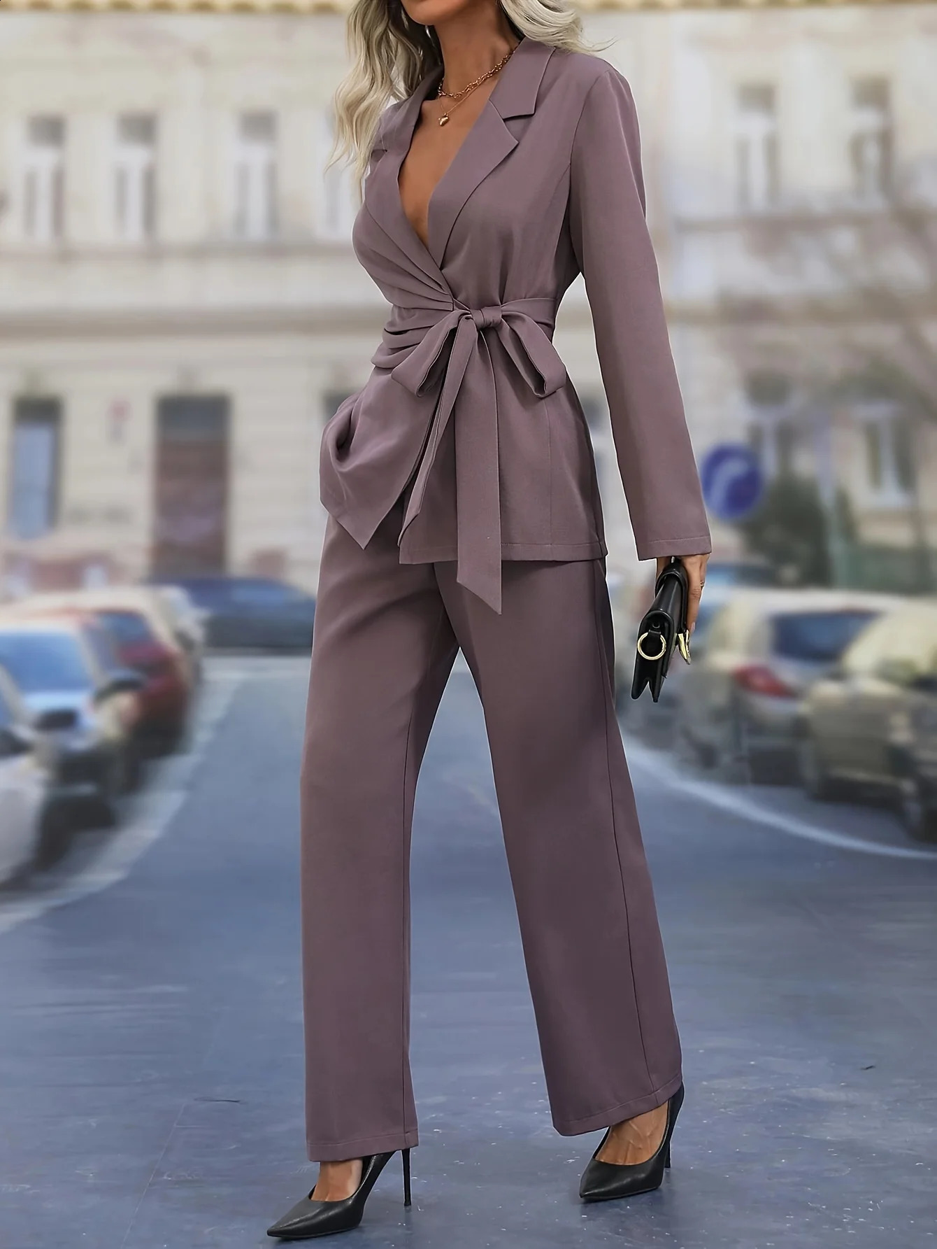 Womens Purple Pants Set Vneck Butterfly Strap Royal Style Top Elegant Warm 250319