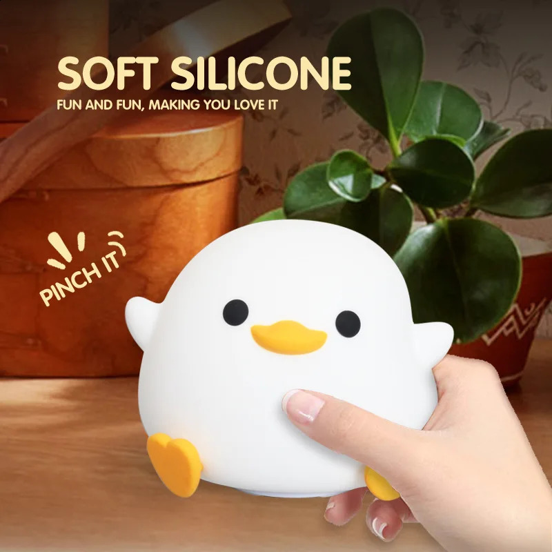LED Night Light Cute Duck Cartoon Animals Decor Silicone Lamp for Children Kid Touch Sensor Timing USB Rechargeable for Birthday 250319