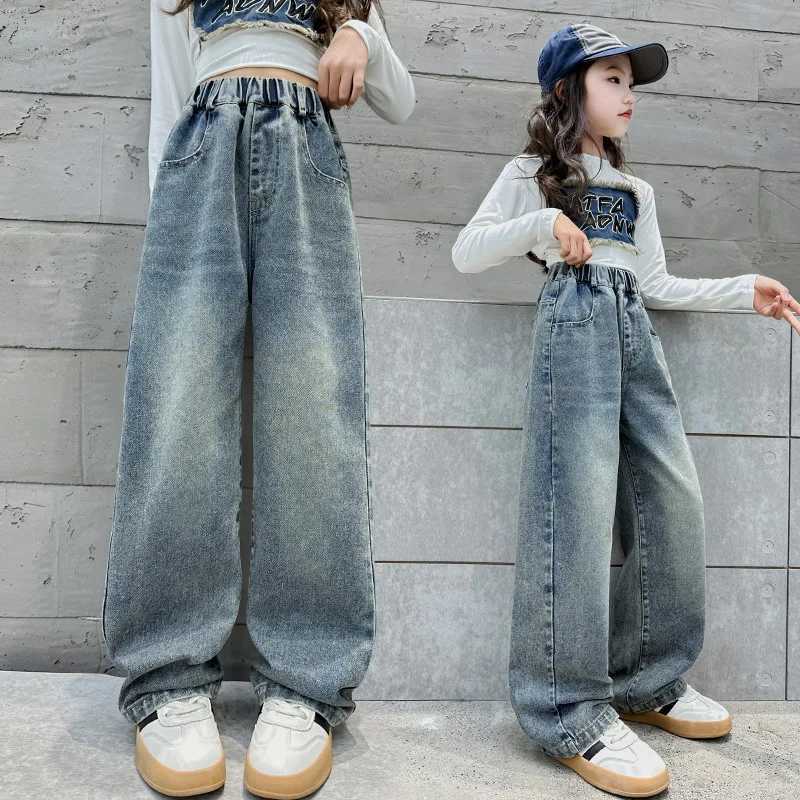 Girls Denim Wide Leg Pants Spring and Autumn Jeans 2024 New Trendy Stylish Childrens Loose Pockets Slimming Straight leg PantsT250326
