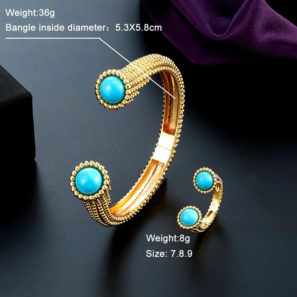 Zlxgirl High Quality Green Blue Turquoise Gold Plated Bracelet Ring Set of Womans Wedding Jewellery Fine Anniversary Bangle 250320