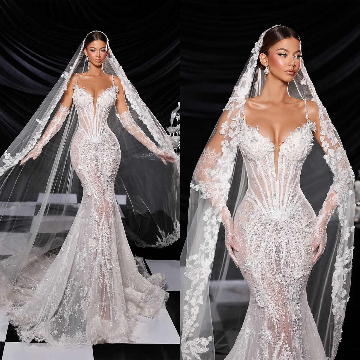 Romantic Wedding Dresses Appliques Mermaid Bridal Gowns Pearls Spaghetti Straps See Through Lace Illusion Custom Made Princess Bride Dress Vestidos De