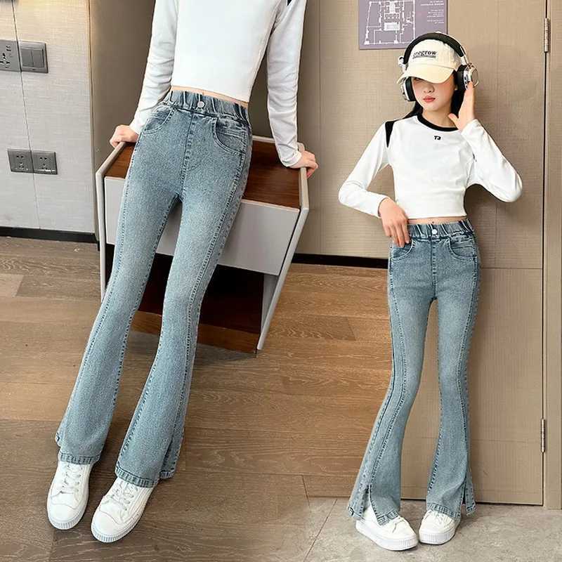 New Arrived Korean Child Flare Jeans with Slits For Girls Retro Blue Boot Cut Denim Pants Kids Teenager Classic Jeans TrousersT250326