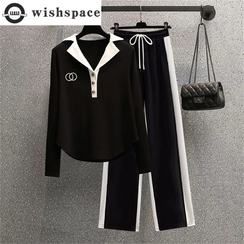 Autumn Polo Neck Long Sleeve Casual Splicing Wide Leg Pants Two Piece Set Womens Pants Set 250318