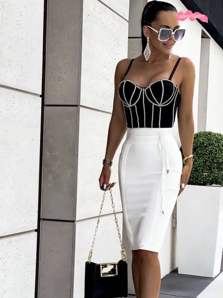 2025 Women Hot Pink Black White Bodycon Bandage 2023 Designer Waist High Street Party Club Pencil Skirt 55cm ddmySept