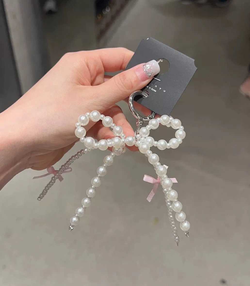 2PCS New Korean Sweet Pearl Bow Keychain Heart Pendant Keychain Y2K Pink Aesthetic Keyholder Girl Bag Pendant AccessoriesXJ250319